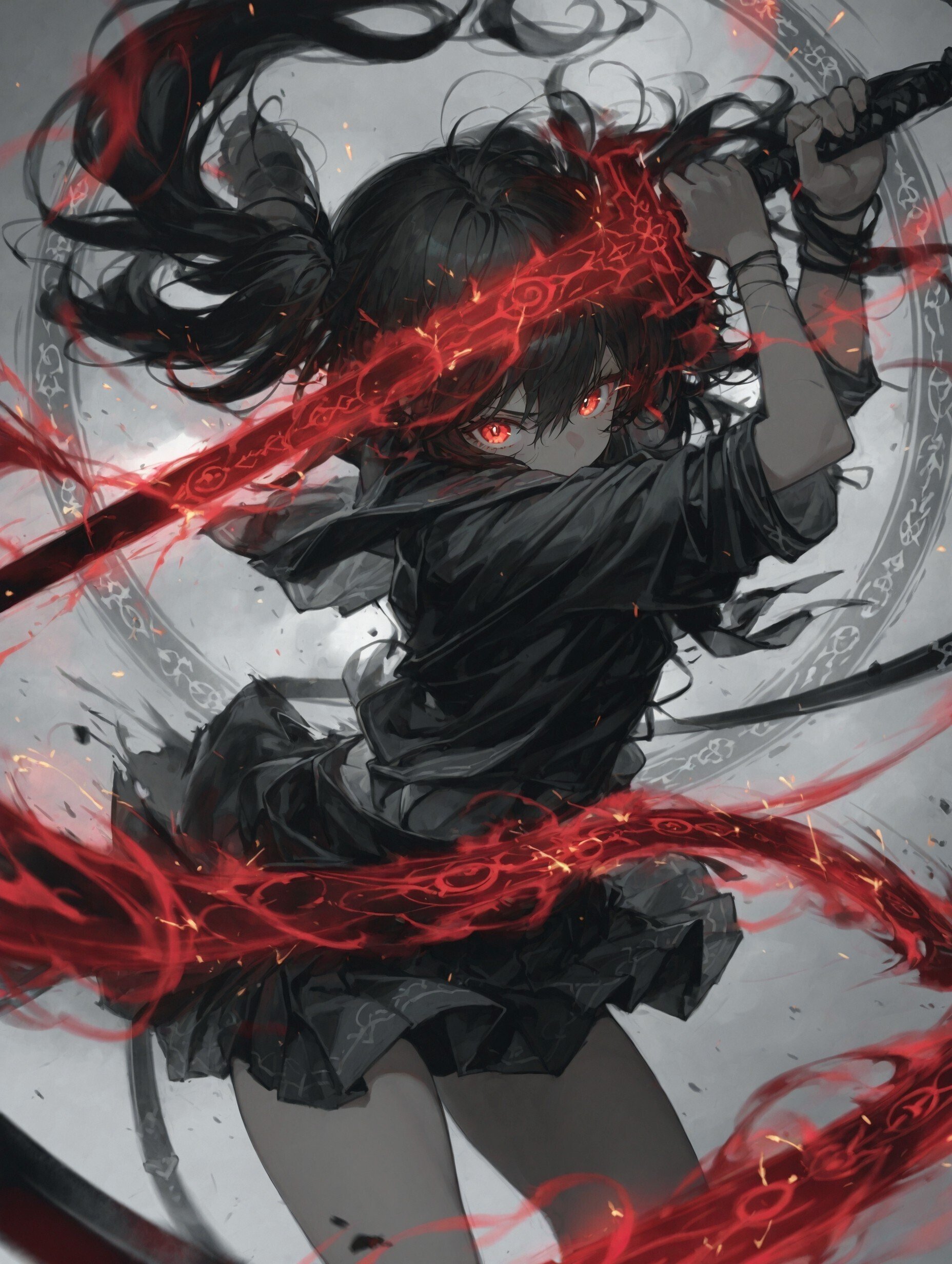 AIイラスト制作記｜鉛筆の黒に走る“紅の一閃”― 濃密な鉛筆画 × 黒