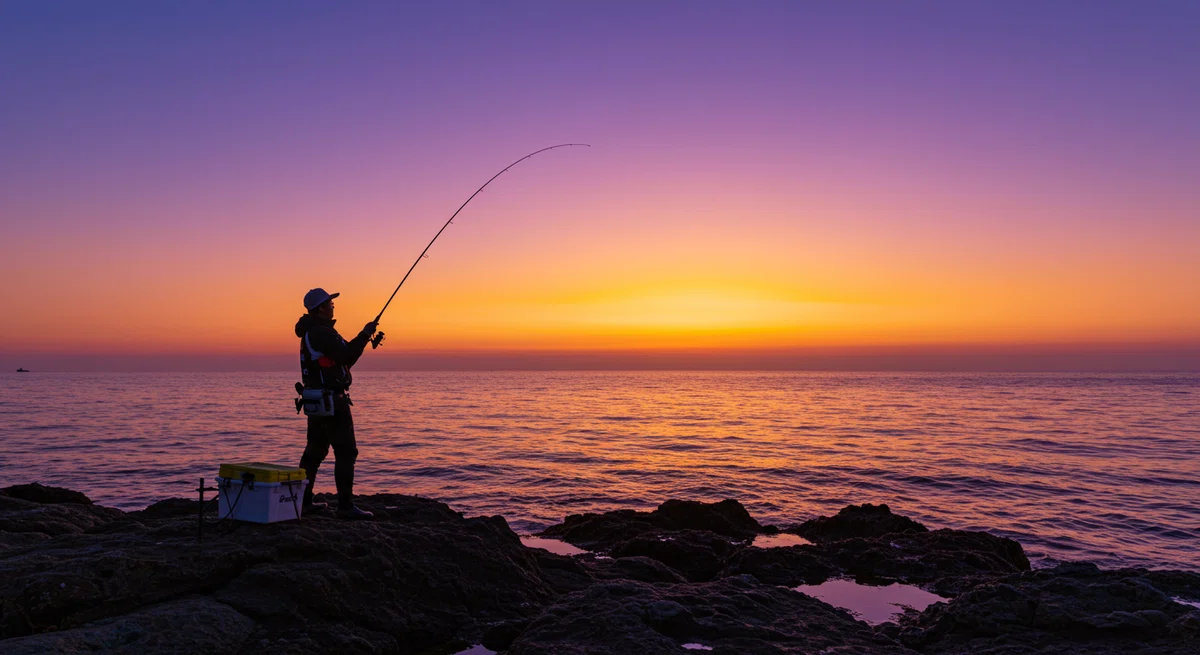 釣り人が自然と一体となり、壮大な風景の中で力強く竿を振る姿