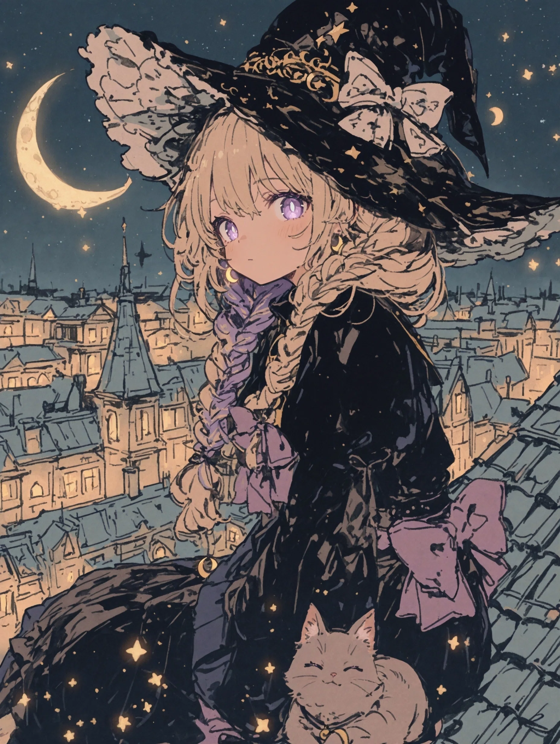 AIイラスト制作記｜モノクロ×差し色2色で描く屋根の上の魔女と猫
