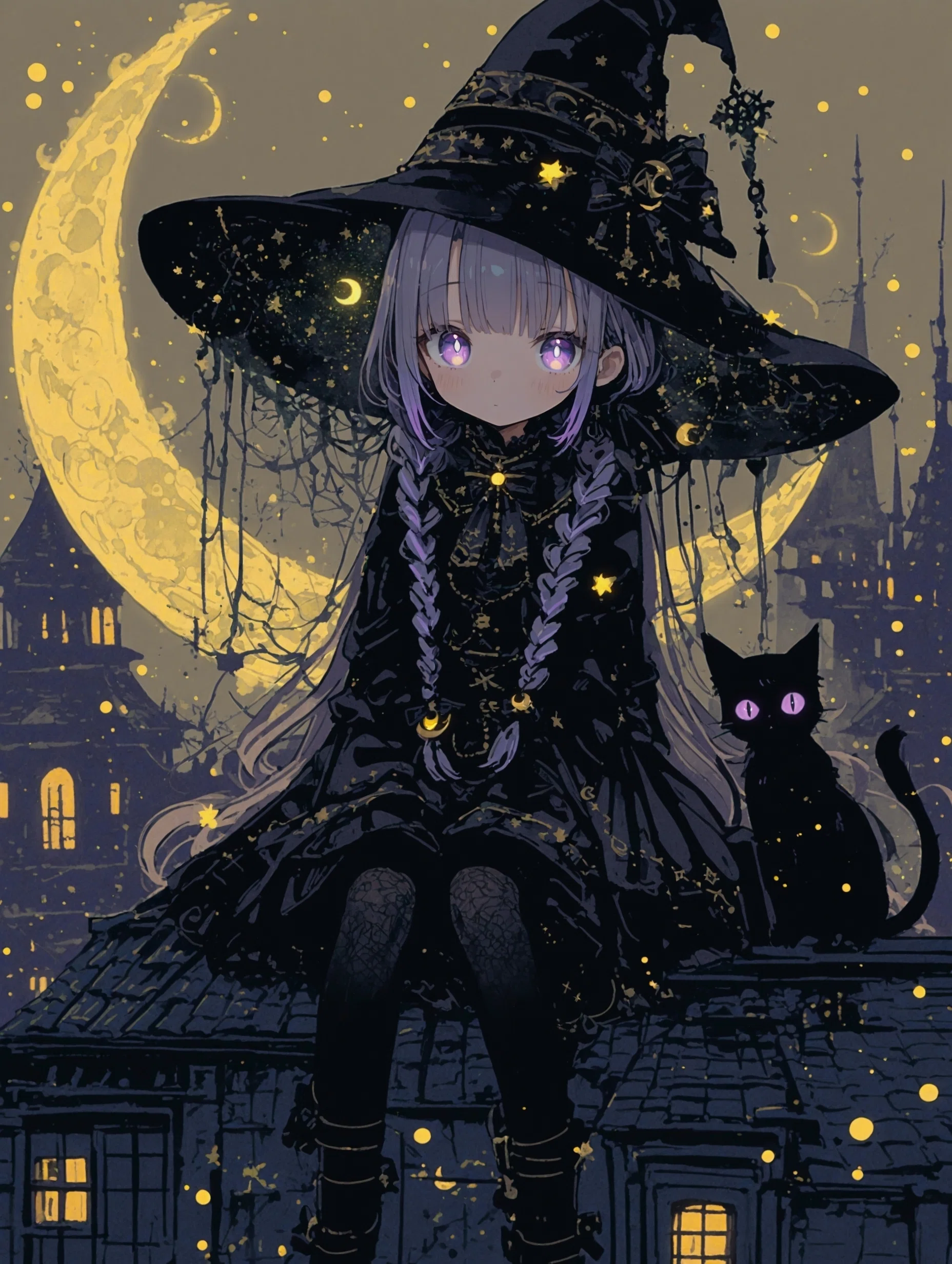 AIイラスト制作記｜モノクロ×差し色2色で描く屋根の上の魔女と猫