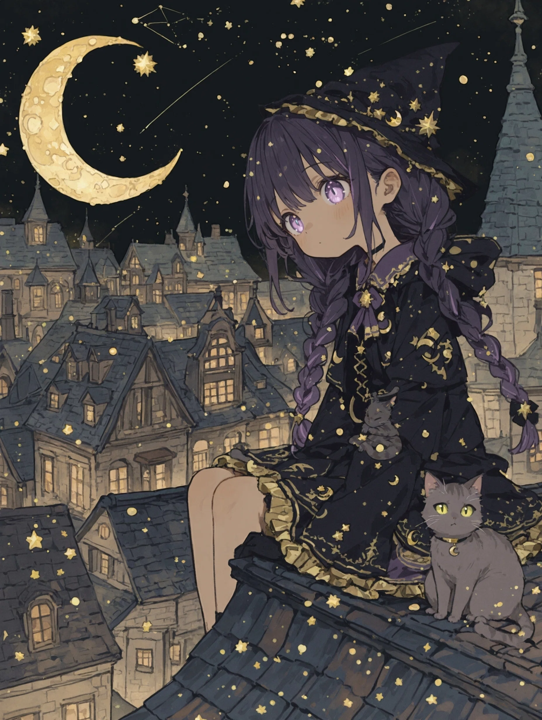 AIイラスト制作記｜モノクロ×差し色2色で描く屋根の上の魔女と猫