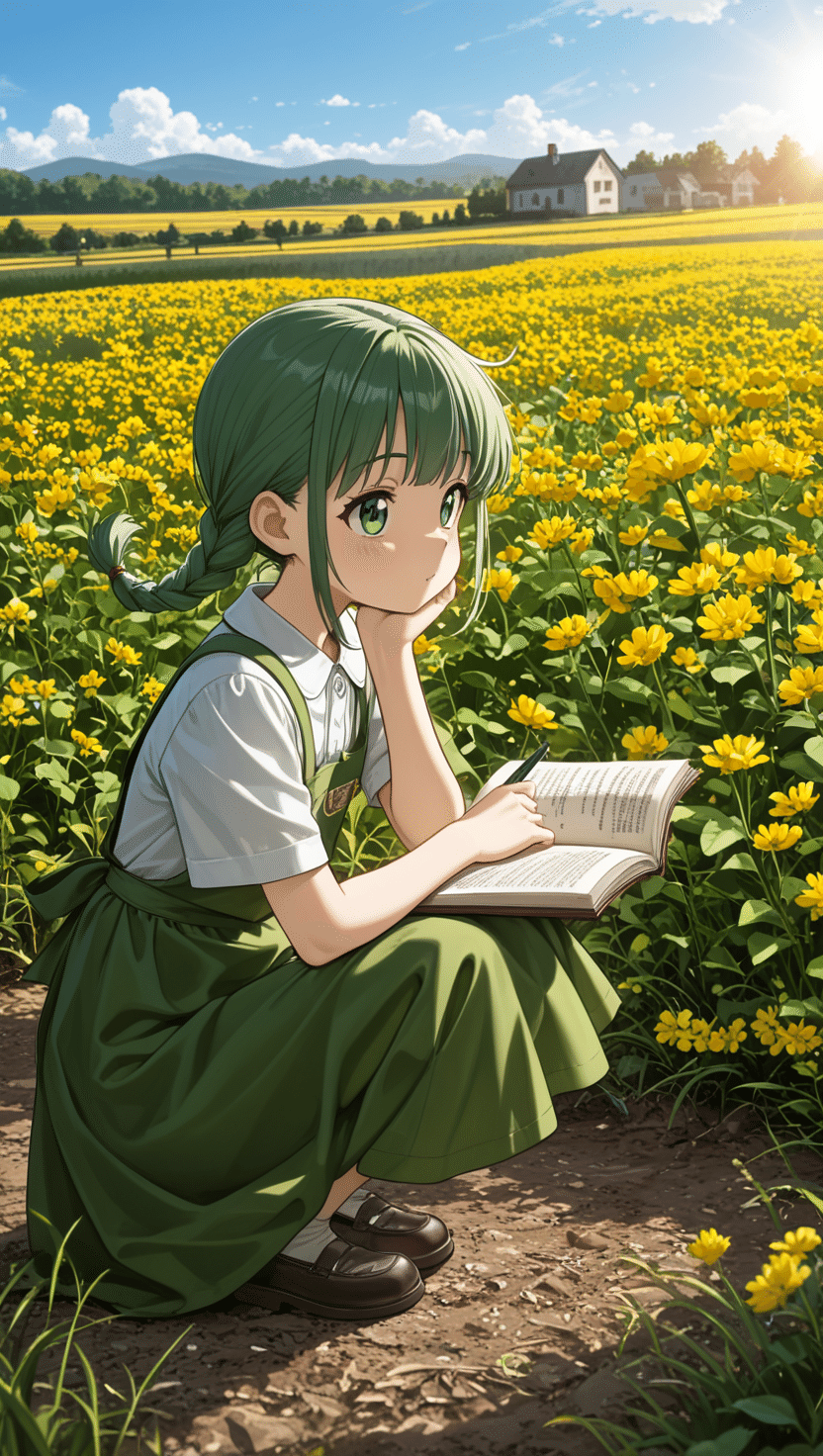 クローバーの草原でひたすら描く少女を見ながら／A Girl Sketching in