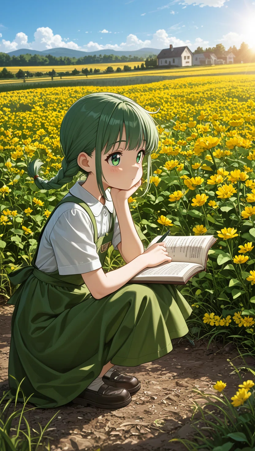 クローバーの草原でひたすら描く少女を見ながら／A Girl Sketching in