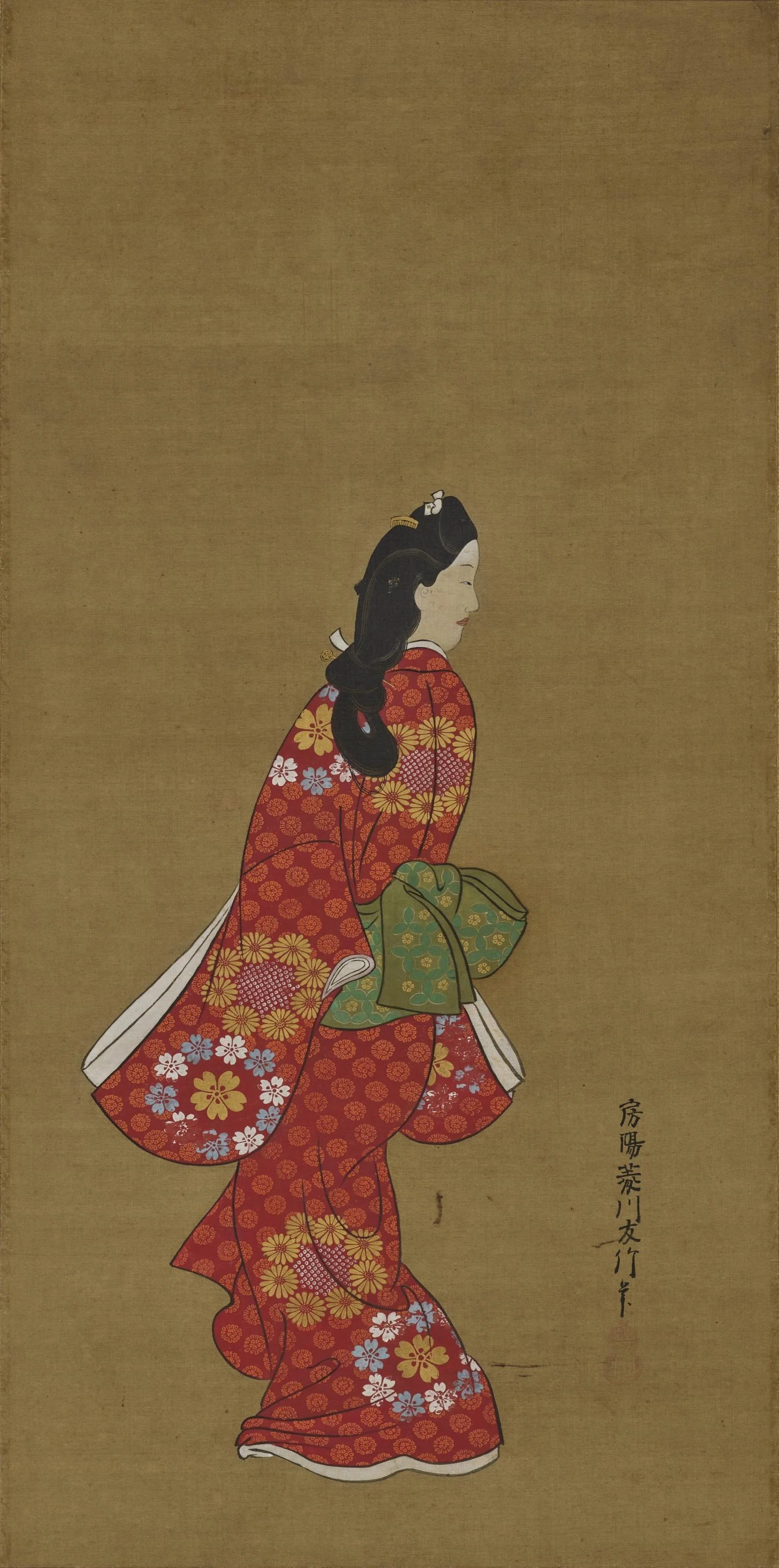 浮世絵 「花枝美人図」 肉筆 絹本彩色 錦裱 印あり 江戸時代 掛軸 浮世絵 葛飾北斎 ⁄ 絹本 「美人図」 査定 買取 致します 日本画 肉筆