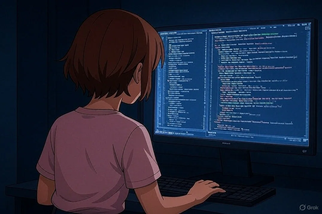イラスト小説「コードの果て」。ユナが補助コードを入力して準備OKと言う画像・イラスト。「コードの果て」で検索！