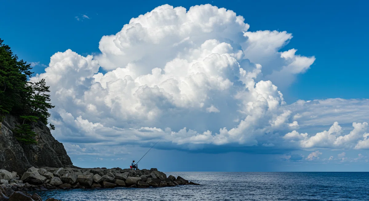 夏の象徴である入道雲と青い海のコントラストで、生命力あふれる真昼の磯を表現
