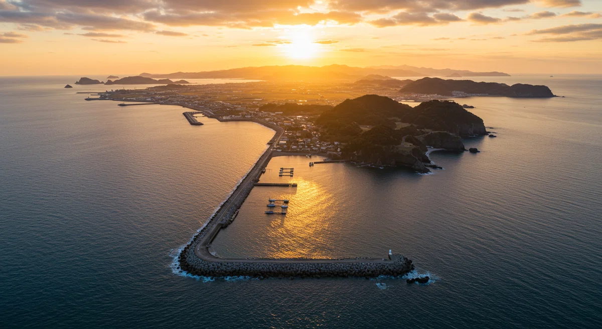 夕暮れの釣り場の空撮写真