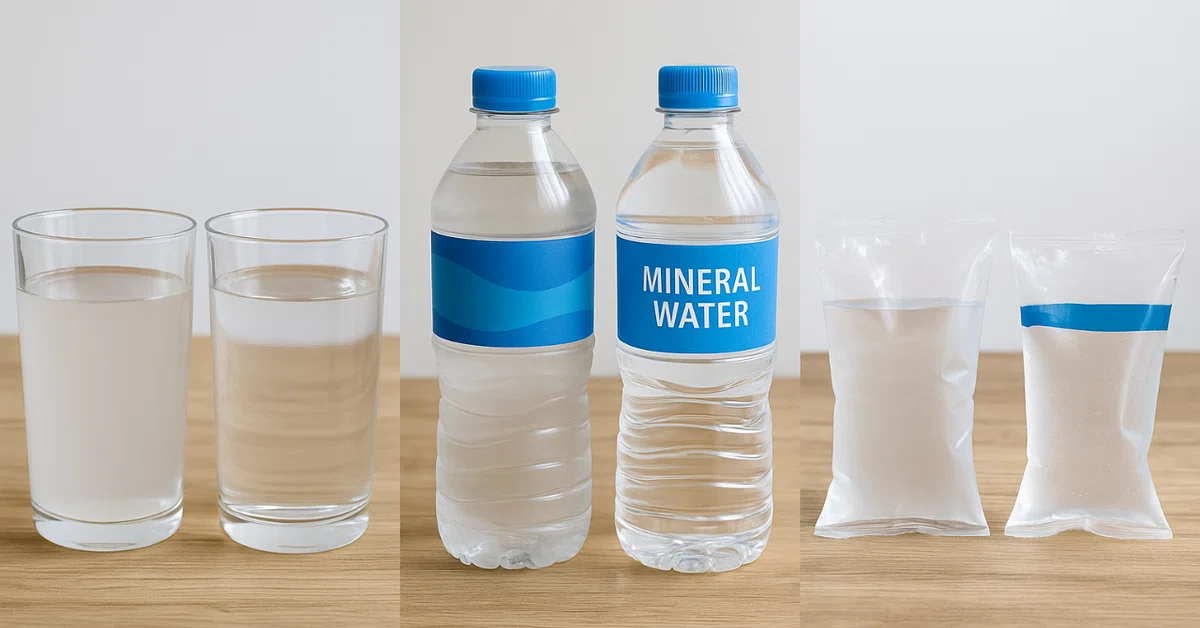 濁った水と透明な水のコップ、ペットボトルのミネラルウォーター、そして袋詰めの水を並べた写真。飲料水の安全性や形態の違いを表現している。