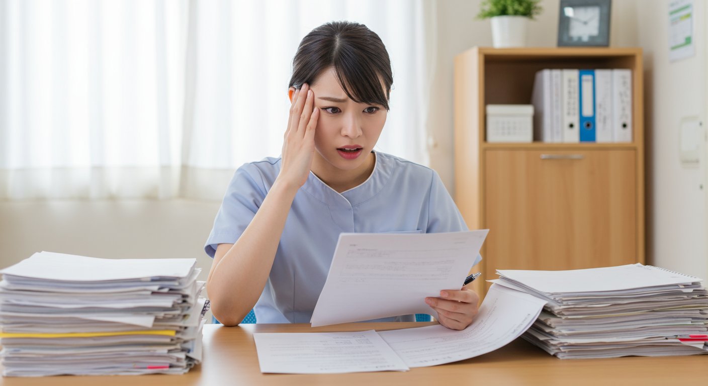 介護施設で採用書類を確認する様子