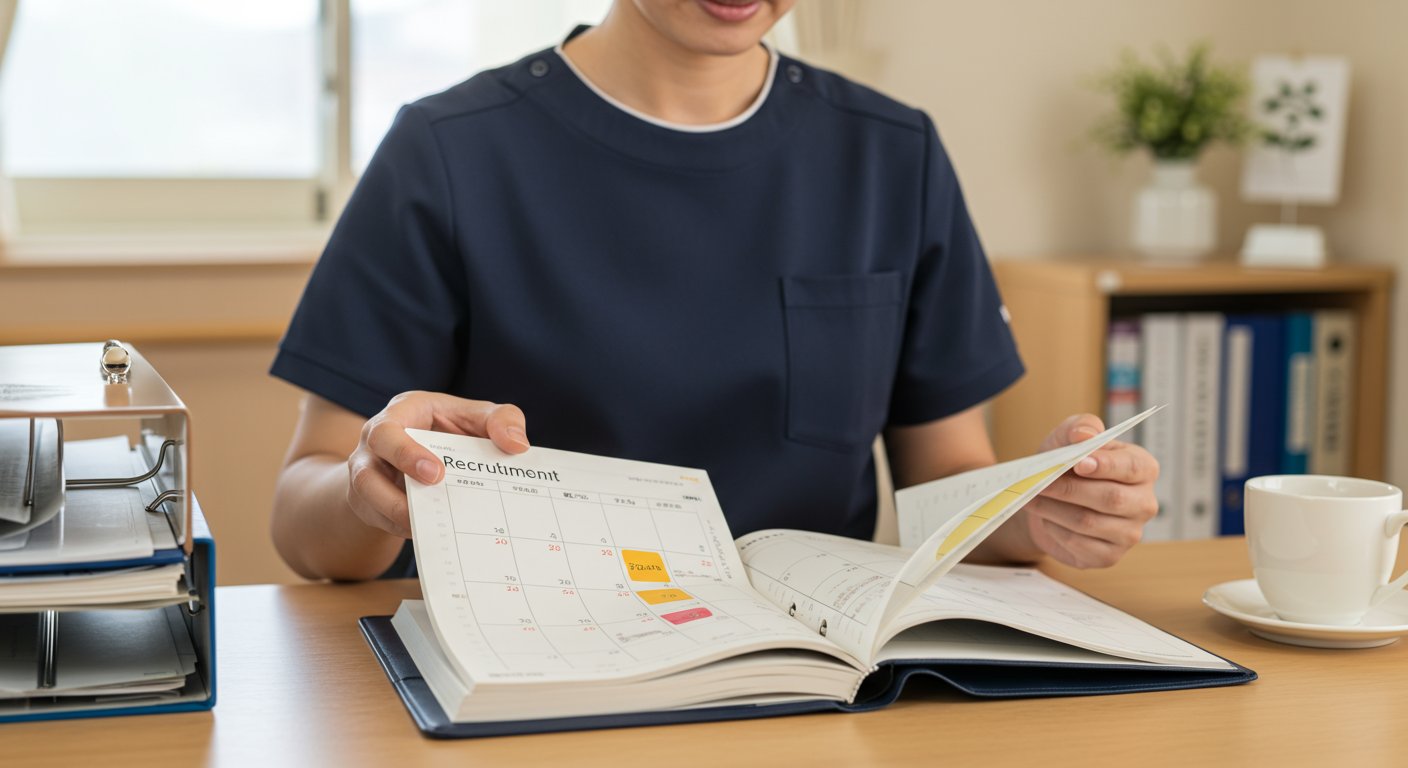 介護施設の管理者がスケジュール帳で採用業務の時間枠を確認している様子