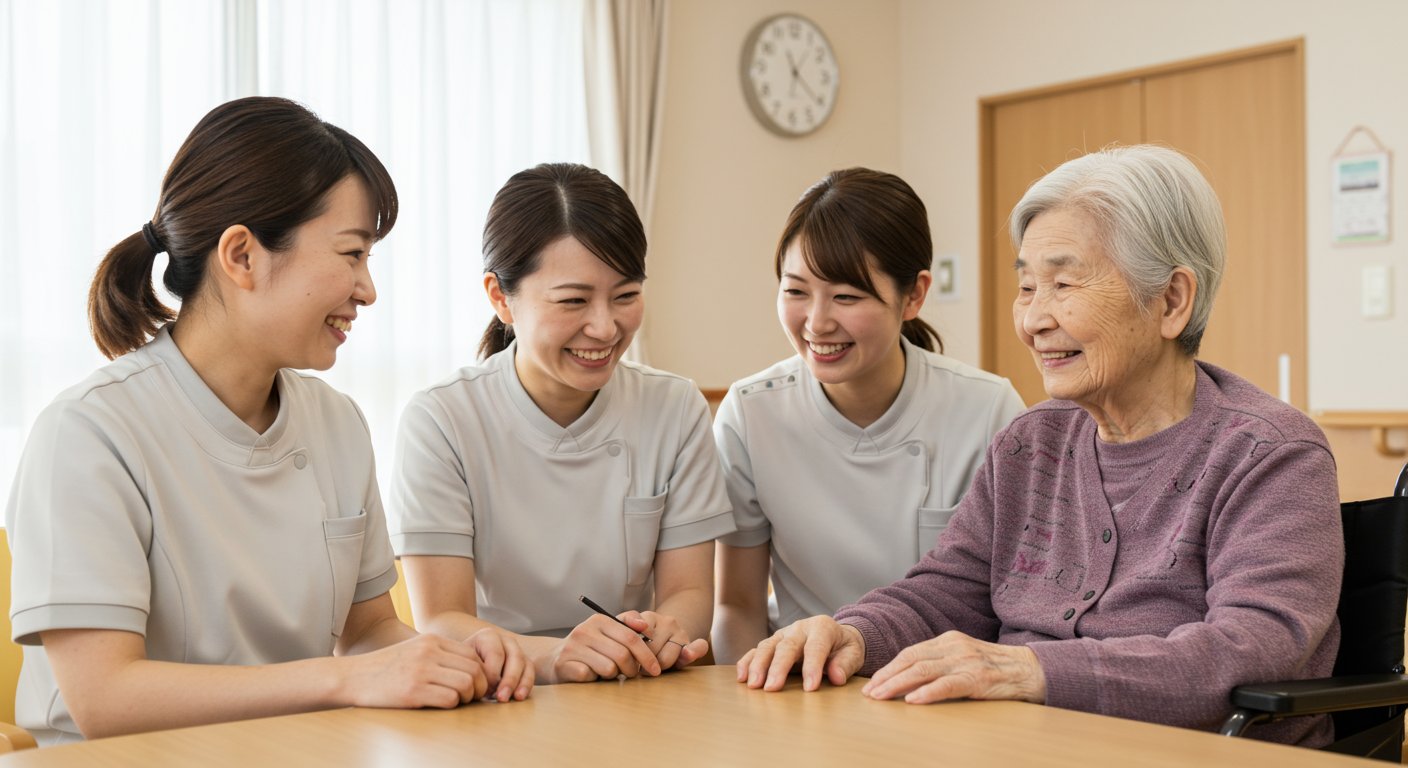 介護スタッフが利用者と笑顔で接している様子