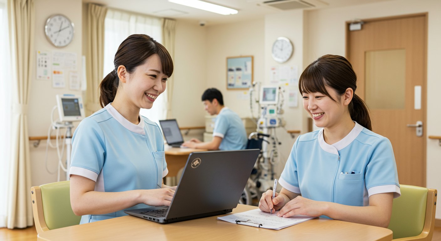 介護施設のスタッフが笑顔で働いている様子
