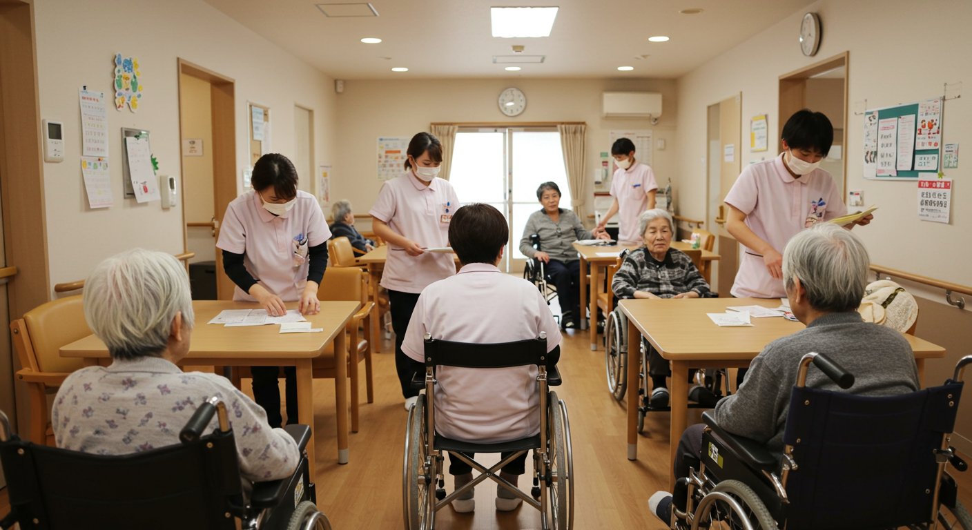 介護施設で忙しそうに働くスタッフの様子
