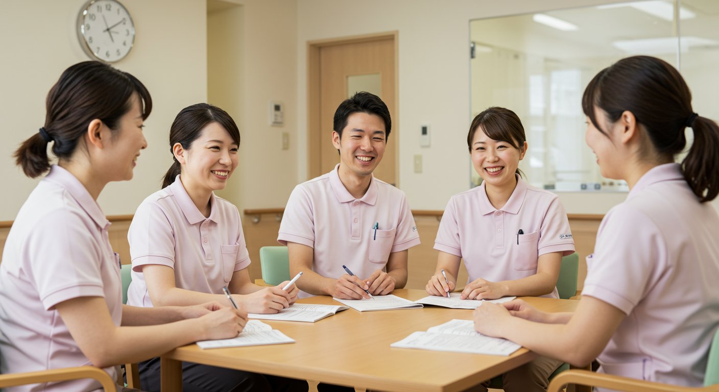 和やかな雰囲気で話し合う介護施設のスタッフたち