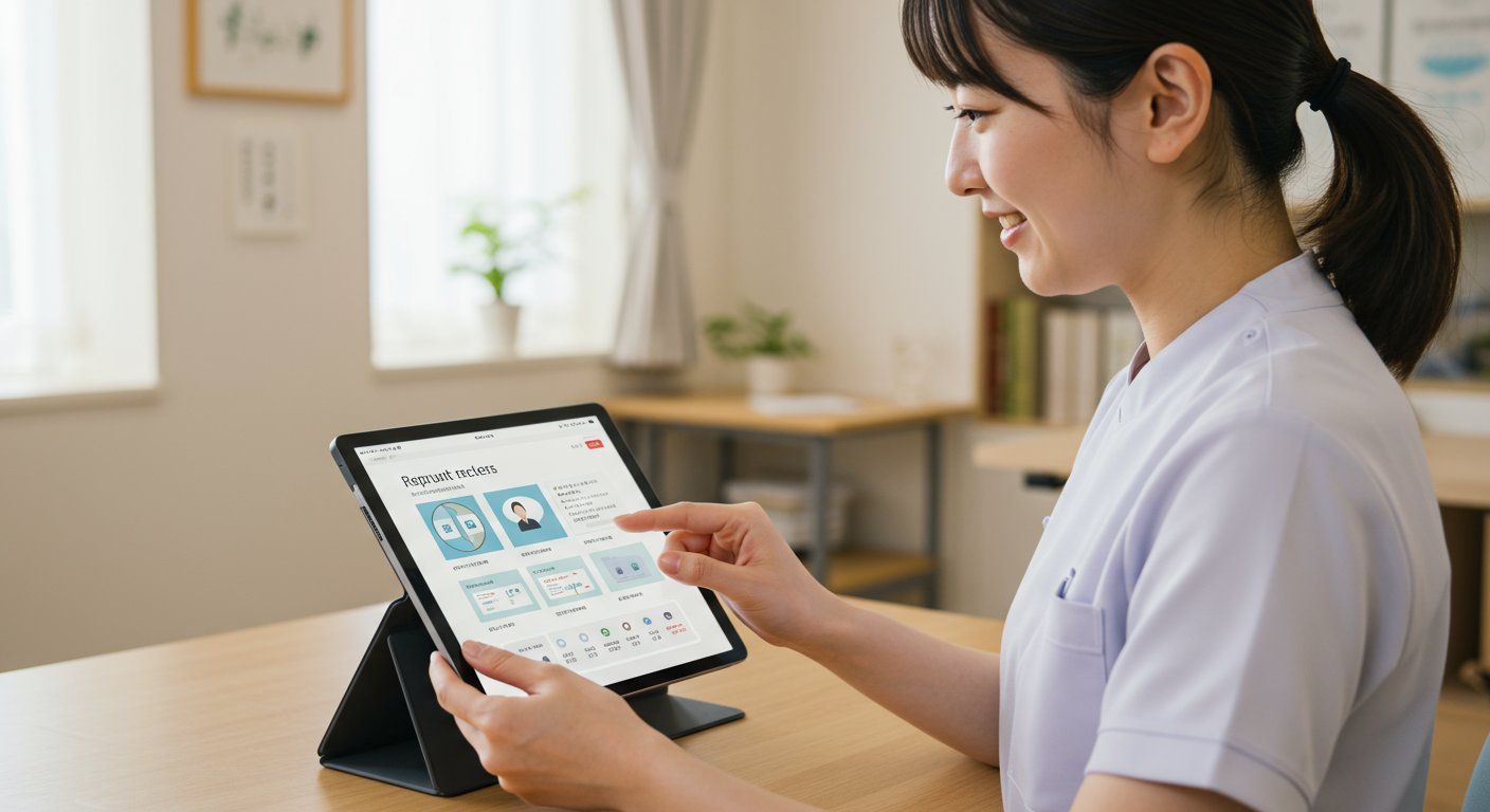 タブレットで採用管理システムを操作する介護施設スタッフ