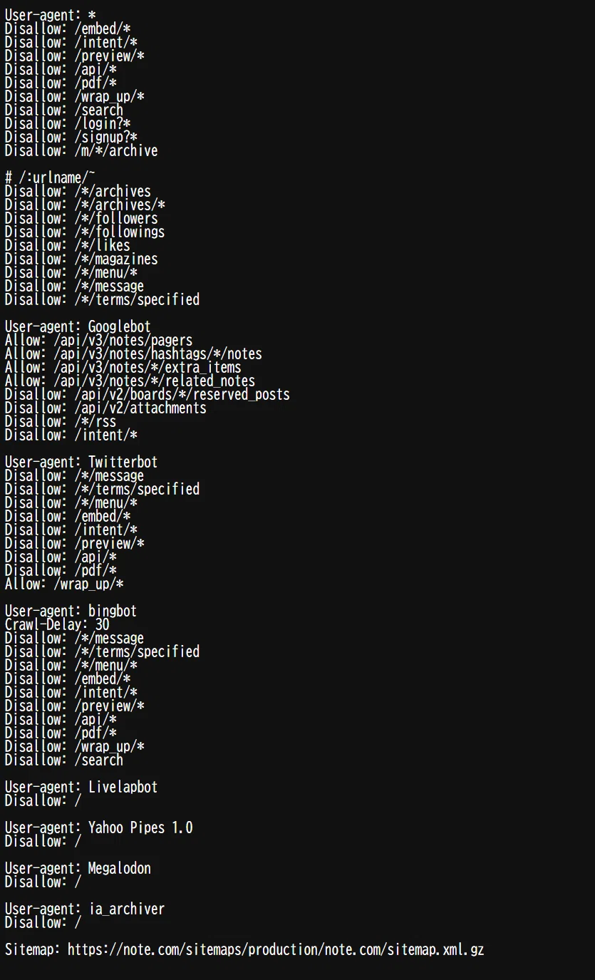 noteのrobots.txtファイルのキャプチャ。複数のクローラーボットに対して、embed・preview・pdf・login・signupなど特定のパスをクロール禁止に設定している。Googlebotには一部のAPIやノート関連パスの許可があり、Twitterbotやbingbotなどには制限が設定されている。最後にサイトマップのURL(https://note.com/sitemaps/production/note.com/sitemap.xml.gz)が記載されている。
