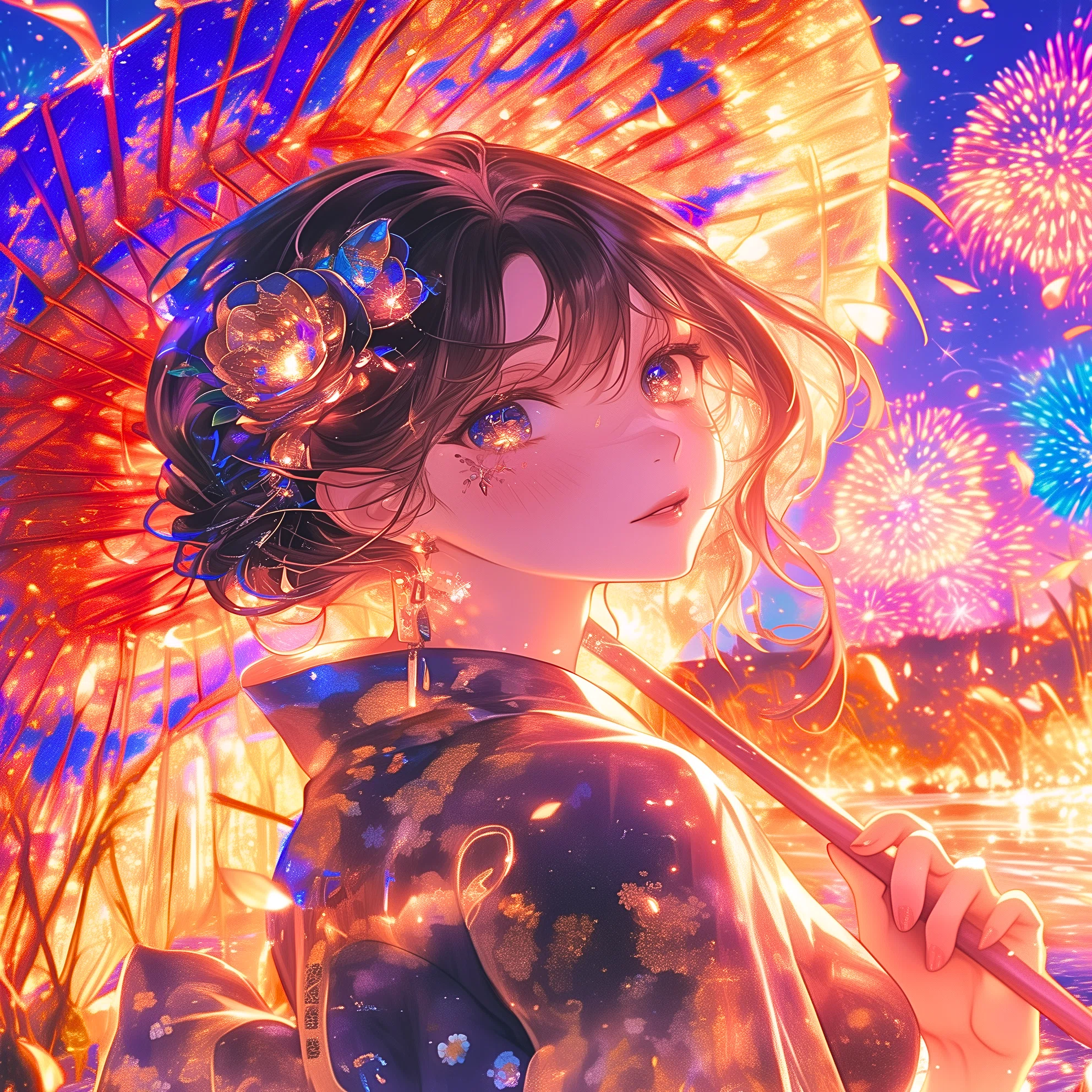 花火の残響が、瞳を染める【画像生成AI＋4コマ漫画︰動画生成もして