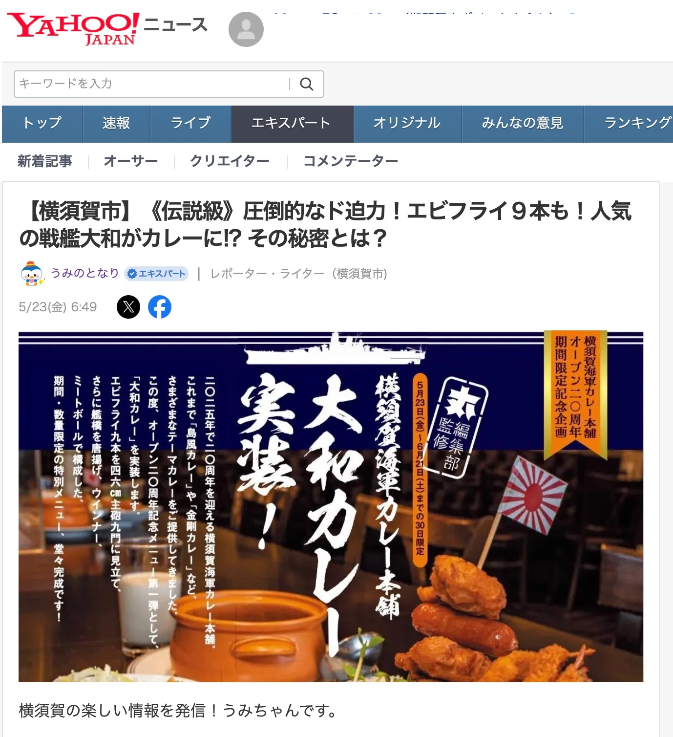 伝説級》圧倒的なド迫力！エビフライ9本も！人気の戦艦大和がカレーに