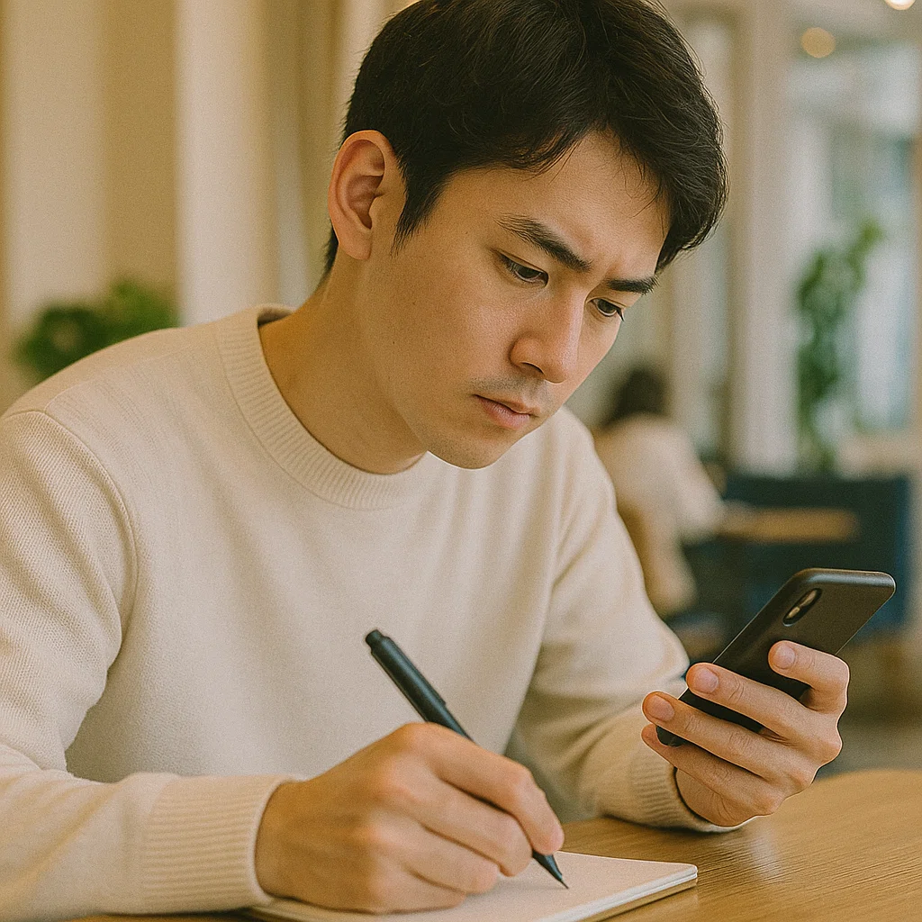 スマホを見ながらカフェでメモを取る20代日本人男性、清潔感ある服装で真剣に考える横顔。