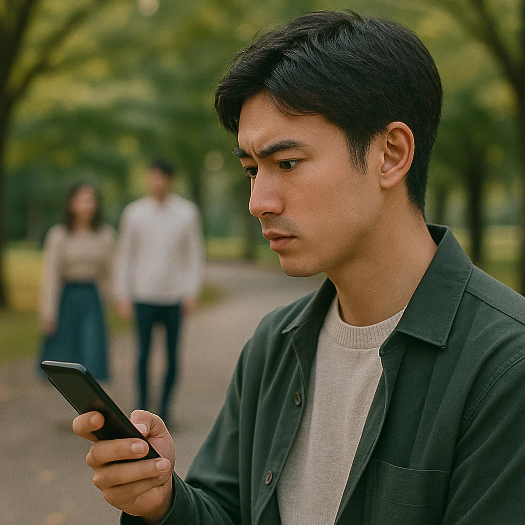 スマホを見て彼女からメッセージを確認する男性