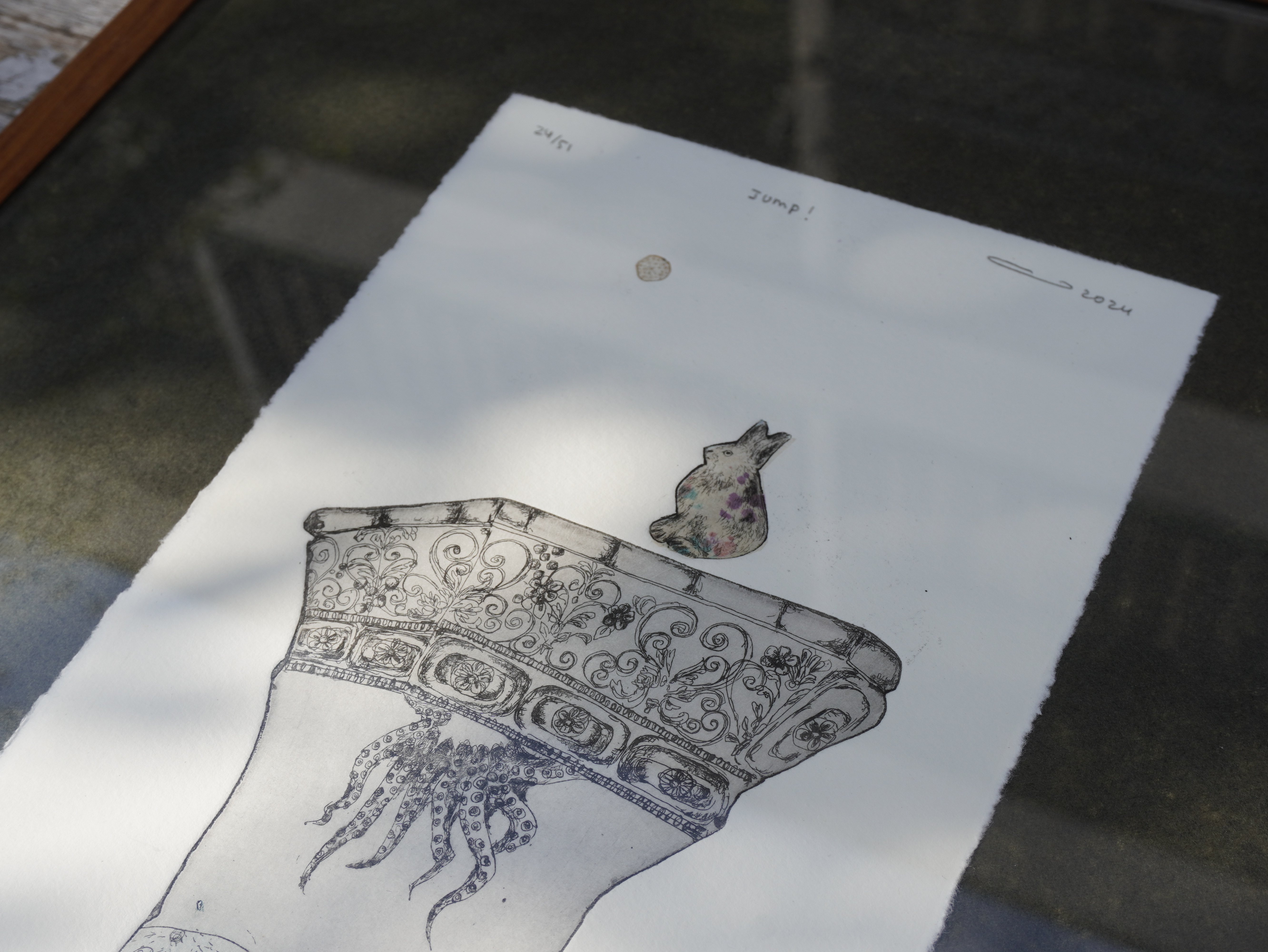 額付き銅版画応用絵画　title「てこてこニャンコ」 手作額付き銅版画 title「回想ニャンコ」 手作り額付き銅版画