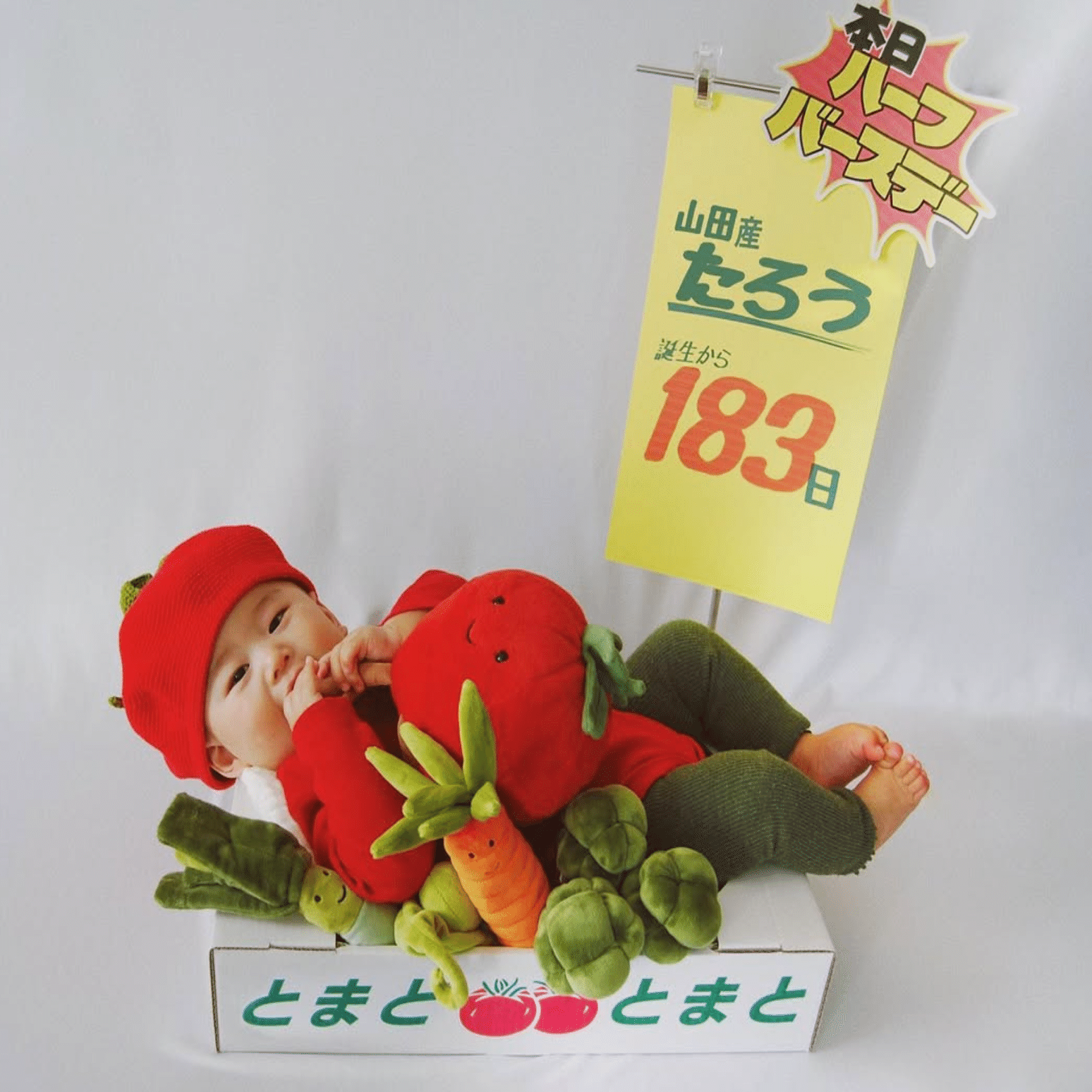 八百屋さん風ハーフバースデーフォト｜Canvaで使えるテンプレート