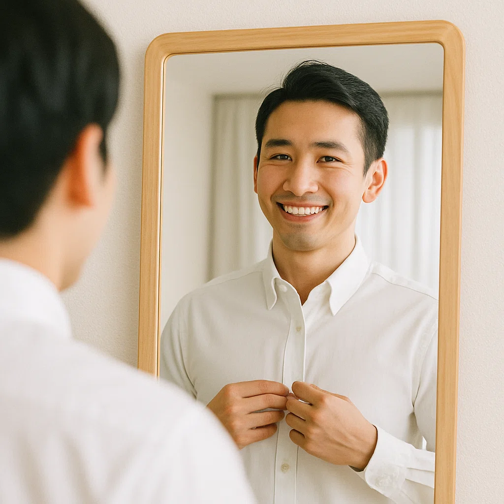 30代の日本人男性が鏡の前で清潔感のある服装を整え、自信を持って微笑んでいるシーン。