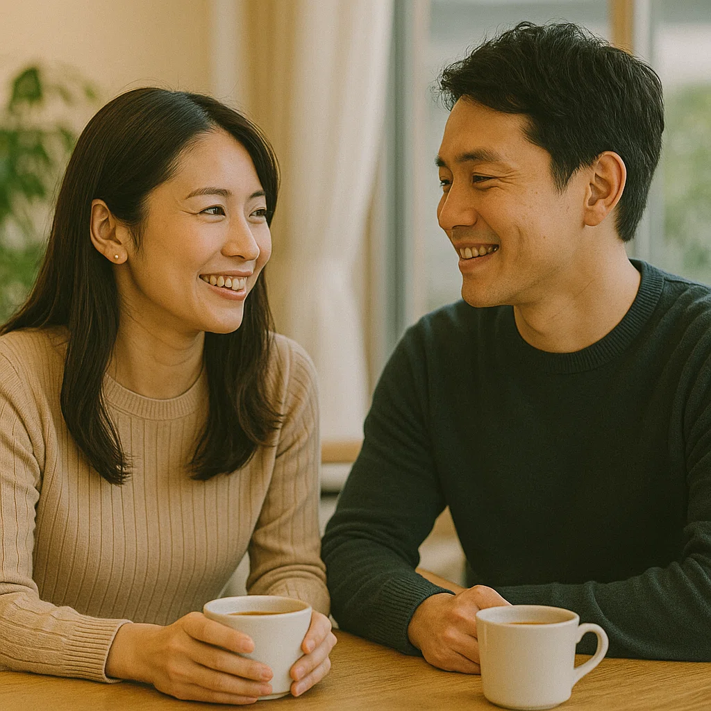 カフェで初デートを楽しみながら微笑み合う30代の日本人男女の自然な会話シーン。