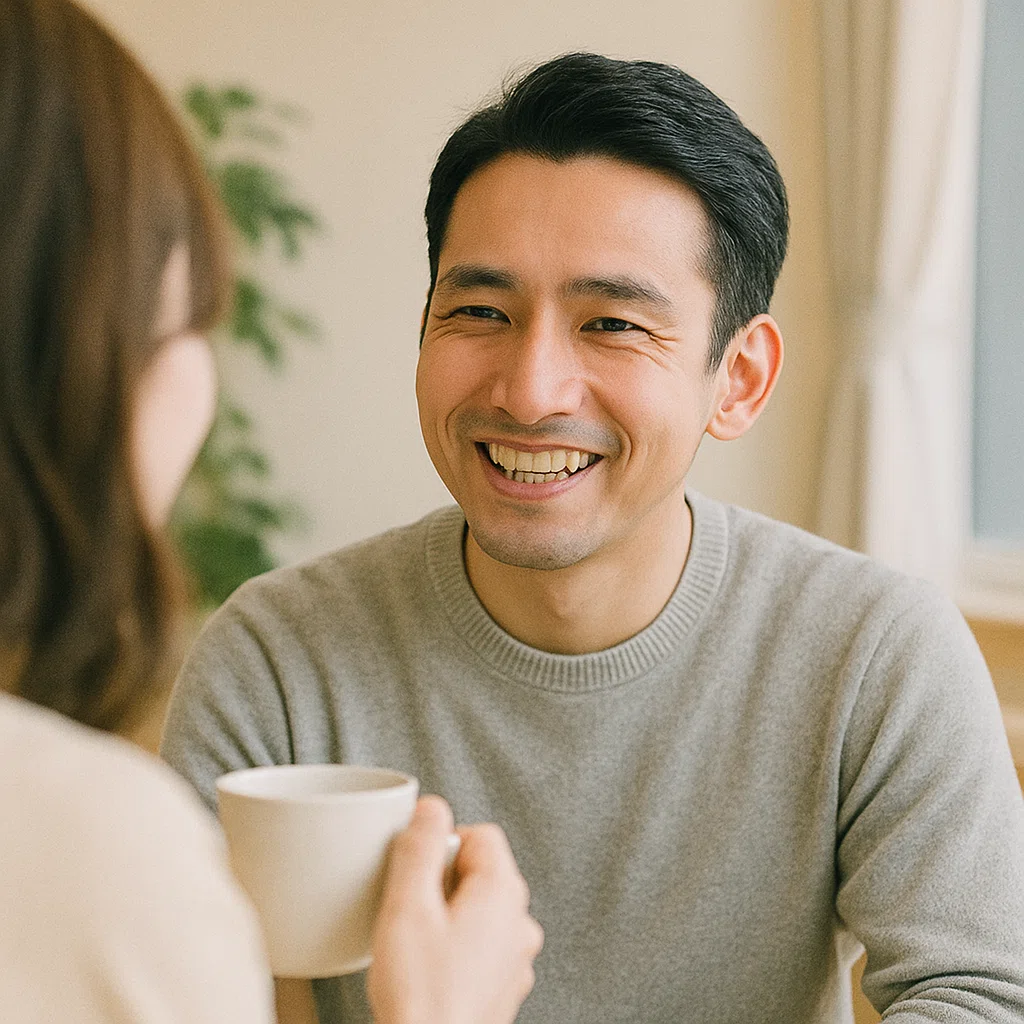 30代の日本人男性がカフェで女性の話を真剣に聞き、笑顔で共感しているシーン。