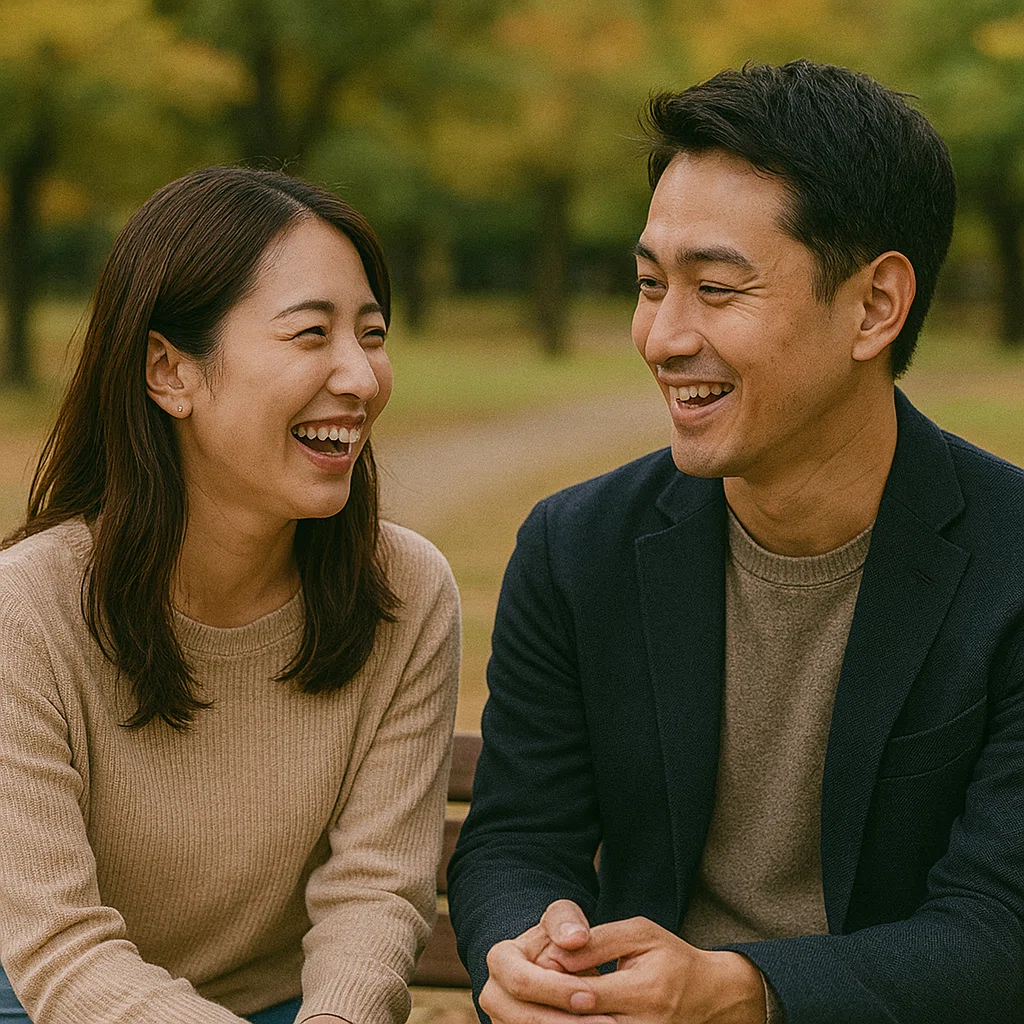 公園のベンチで笑顔を交わしながら会話する30代の日本人カップル、男性が軽く冗談を言って女性が楽しそうに笑っているシーン。