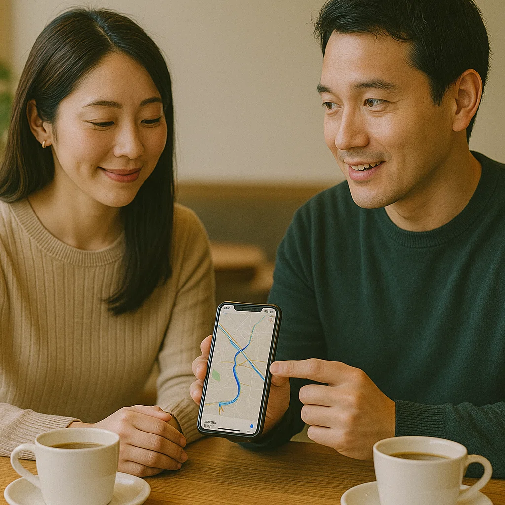 落ち着いたカフェで男性が地図アプリを見せながら女性に最短ルートを提案し、安心して頷く二人の手元と表情が写るシーン。