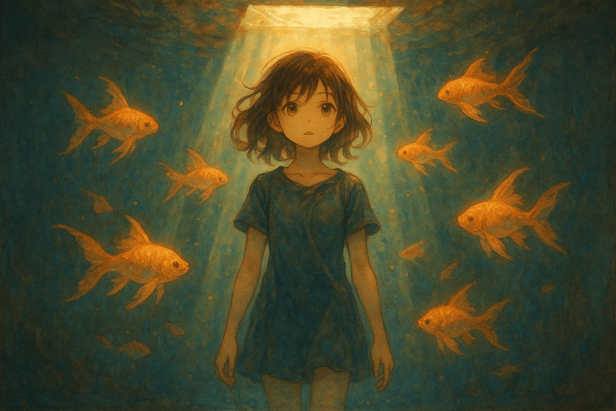 【真作】絵画　日本画4号　宇宙遊泳　宙を泳ぐ魚たちの幻想絵画　幻想世界　W109 真作】絵画 日本画4号 宇宙遊泳 宙を泳ぐ魚たちの幻想