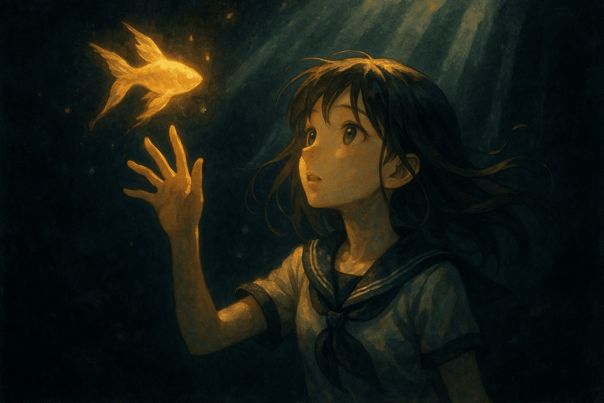 【真作】絵画　日本画4号　宇宙遊泳　宙を泳ぐ魚たちの幻想絵画　幻想世界　W109 真作】絵画 日本画4号 宇宙遊泳 宙を泳ぐ魚たちの幻想