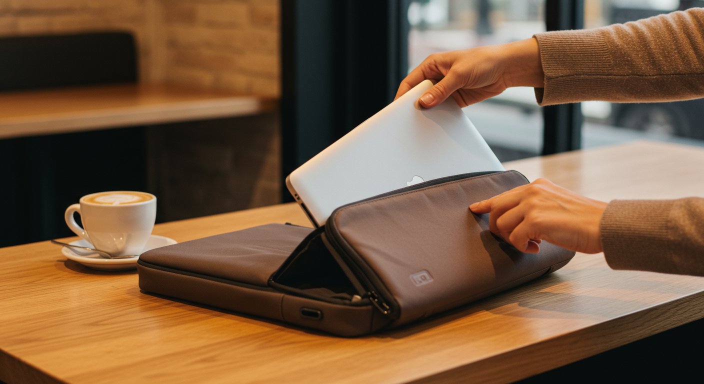 持ち運び中の電子機器と保護ケース