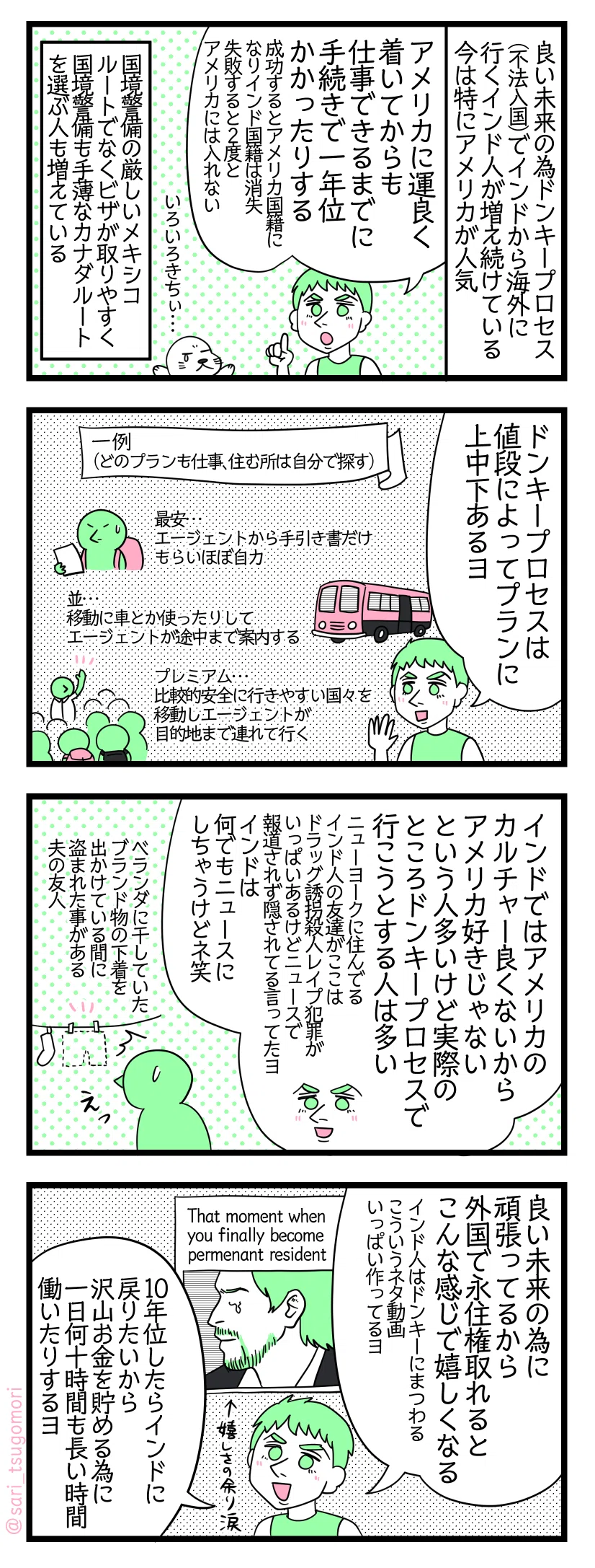 ４コマ漫画のテキスト
１：不法入国するインド人が増えています
良い未来の為にドンキープロセス（不法入国）でインドから海外に行く人が増え続けている。今特にアメリカが人気なようだ。 夫「アメリカに運良く着いてからも仕事できるまでに手続きで一年位かかったりする」 成功するとアメリカ国籍になりインド国籍は消失。失敗すると２度とアメリカには入れない 津籠「いろいろきちぃ…」 国境警備の厳しいメキシコルートでなく、ビザが取りやすく警備も手薄なカナダルートを選ぶ人が増えている
２：ドンキープロセスには松竹梅ランクがある
夫「ドンキープロセスにも値段によってプランに上中下あるヨ」 例（どのプランも仕事、住む所は自分で探す） 最安…エージェントから手引き書だけもらいほぼ自力。 並…移動に車とかも使ったりしてエージェントが途中まで案内する。 プレミアム…比較的安全に行きやすい国々を移動してエージェントが目的地まで連れて行く。
３：インド人とアメリカ
夫「インドではアメリカのカルチャー良くないからアメリカ好きじゃないという人多い。でも実際のところドンキープロセスで行こうとする人は多い」（ニューヨークに住んでるインド人の友達はドラッグ誘拐殺人レイプの犯罪いっぱいあるけどニュースで報道されず隠されてる言ってたヨ。インドは何でもニュースにしちゃうけどね笑） ベランダに干していたブランド物の下着を出かけている間に盗まれた事がある夫の友人
４：良い未来の為に頑張るインド人
🇮🇳夫「良い未来の為に頑張ってるから、外国で永住権取れるとこんな感じに嬉しくなる［永住権が取れて感涙するインド人のイラスト］。インド人はドンキーにまつわるようなネタ動画いっぱい作ってるヨ。10年位したら戻りたいから沢山お金を貯める為に一日何十時間も長い時間働いたりする」