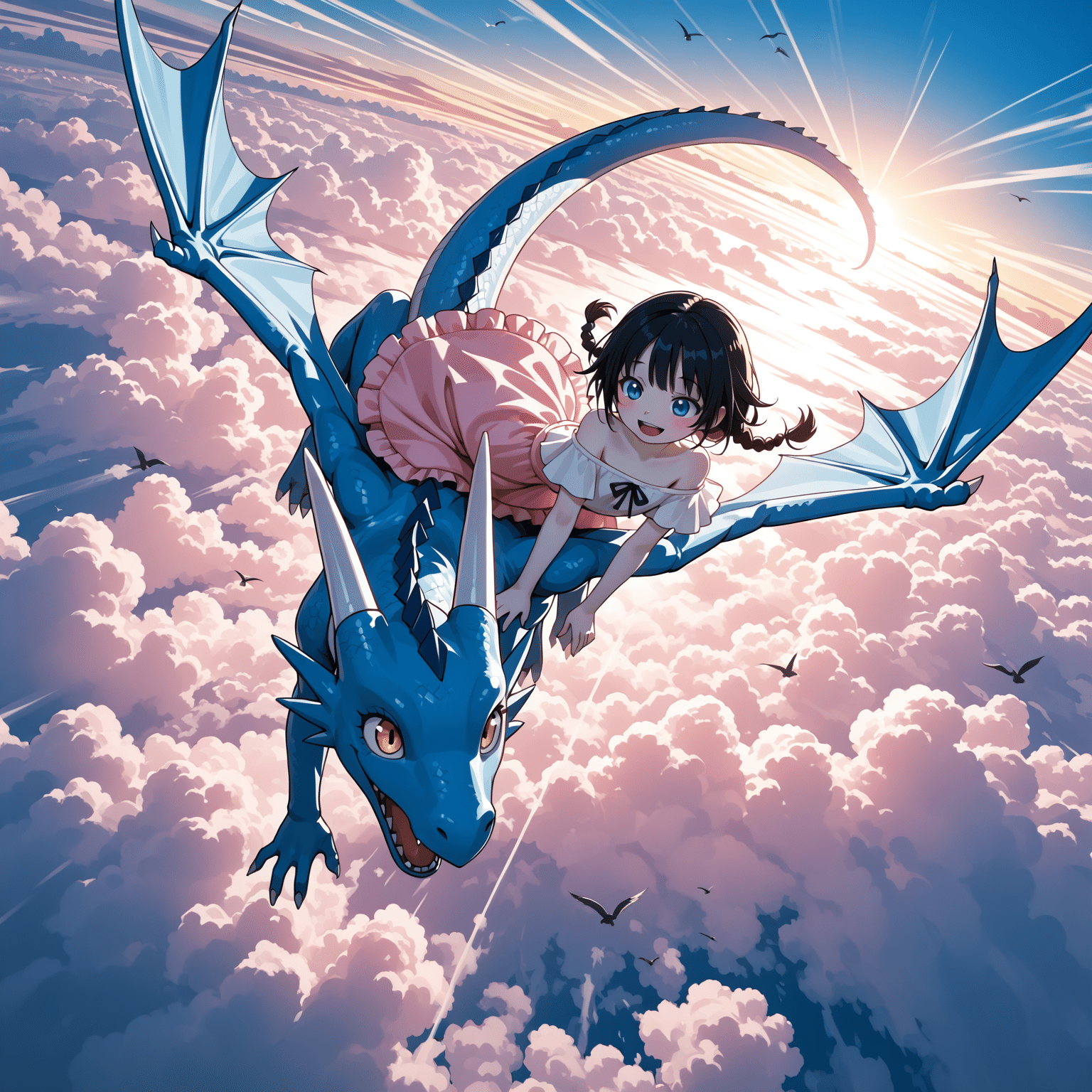 気ままに】青いドラゴンの上に座る乙女【AIイラストチャレンジ！】｜健太