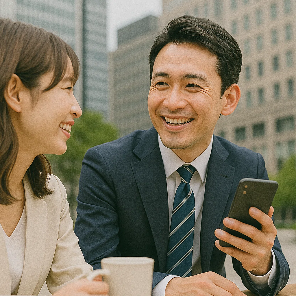 オフィス街を背景にスーツ姿の30代男性がスマホを手にし、隣に座る女性と笑顔で会話しているシーン。