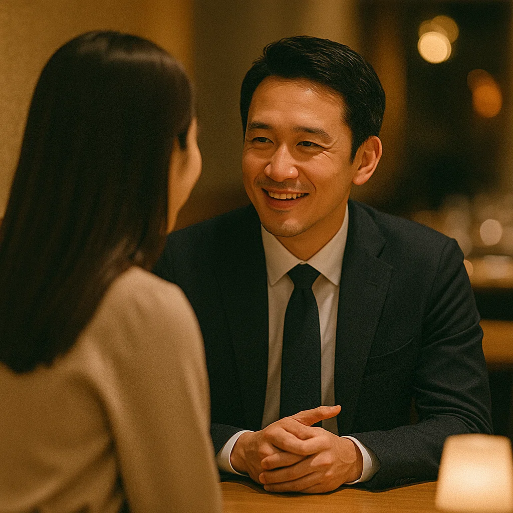 女性を見つめて語る男性