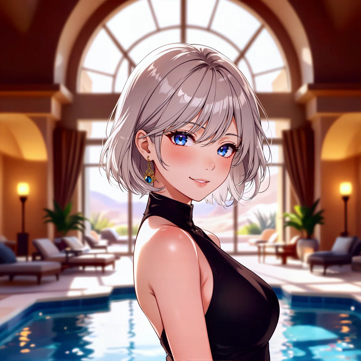 画像生成AIによって生成された、銀髪のアニメ風女性のイラスト。プール付きの豪華な邸宅の室内から、太陽の光が差し込む屋外を穏やかに振り返っている。
