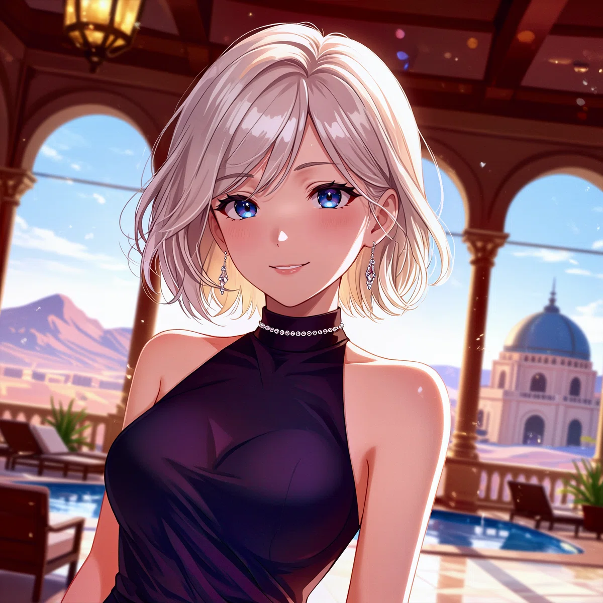 銀髪のアニメ風女性が、リゾート地の屋外プールサイドに立っているイラスト。遠景には近未来的なドーム建築と雄大な山々が描かれている。
