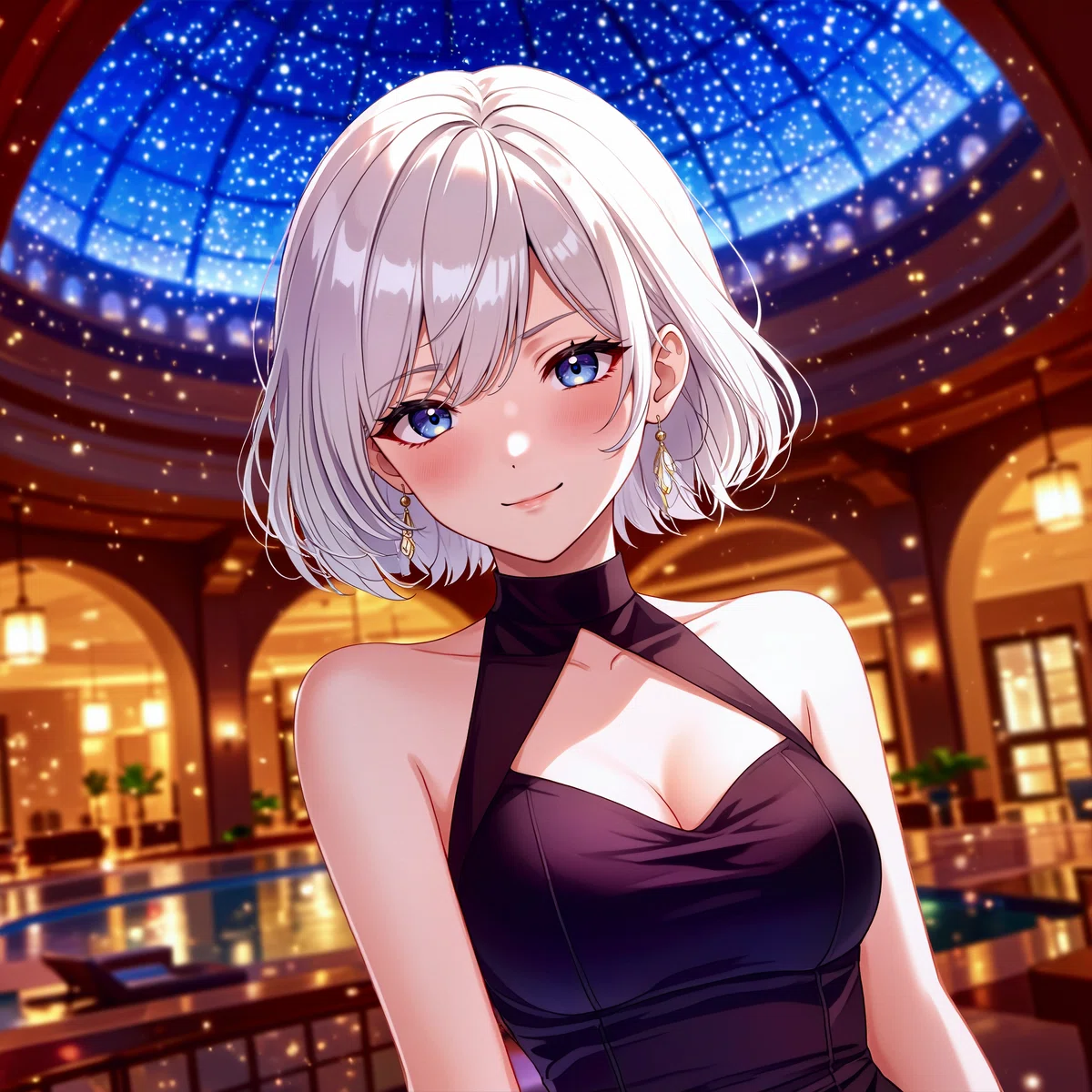 銀髪のアニメ風女性が、星空が見える豪華な室内プールサイドに佇むイラスト。夜の静かで幻想的な雰囲気を表現している。
