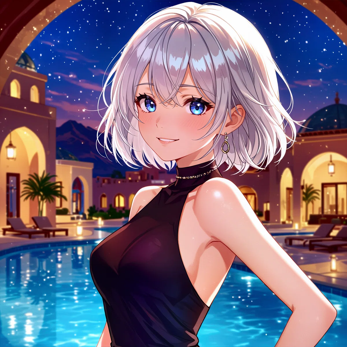 銀髪のアニメ風女性が夜景を望むプールサイドに立つイラスト。背景にはライトアップされた都市とドーム建築が広がり、信頼感や安心感を表現している。