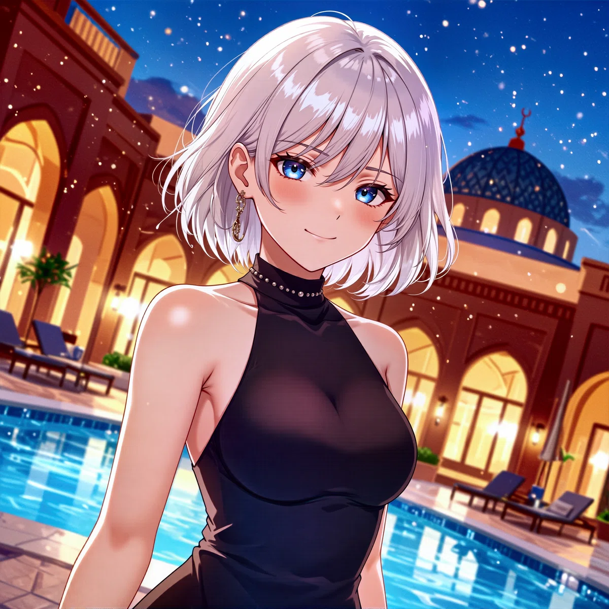 ドーム型の天井が特徴的な豪華な室内プールに立つ、銀髪のアニメ風女性のイラスト。ガラスの向こうには都市の夜景が広がっている。