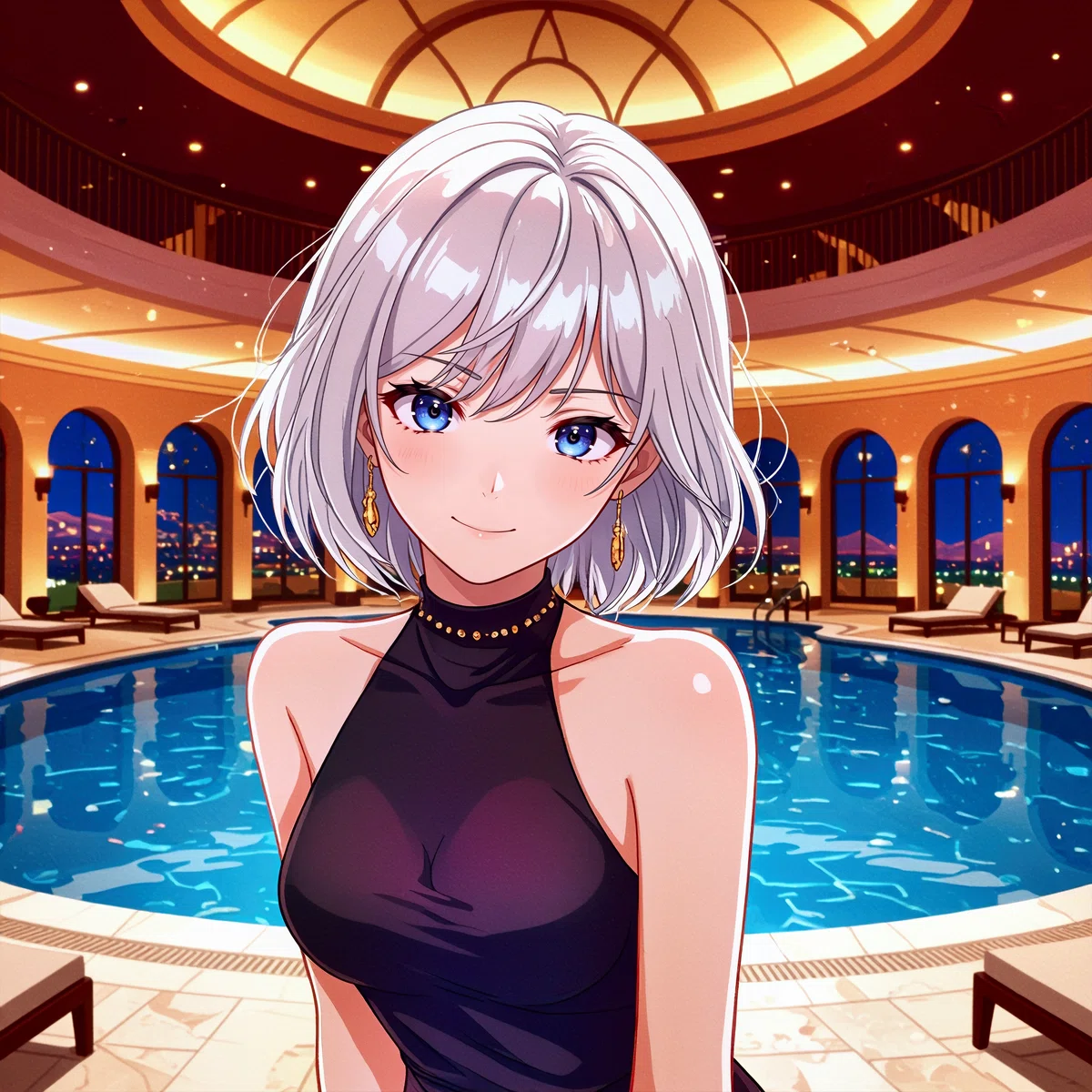 銀髪のアニメ風女性が夜のプールサイドに立つイラストに、「ついてきてる?」という吹き出しが付いている。読者に一息つき、理解度を確認するよう促している。