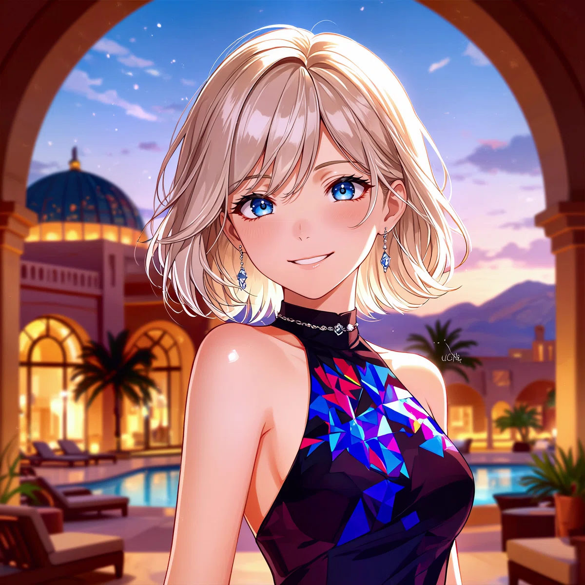 銀髪のアニメ風女性が、豪華な建築物と山々を背景にした夜のプールサイドに立つイラスト。ライセンスの曖昧さや複雑さを象徴するような雰囲気。