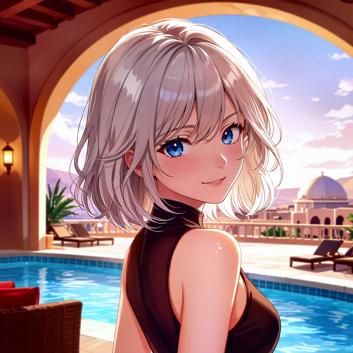 銀髪のアニメ風女性が朝のプールサイドに立つイラスト、豪華建築と山々の背景