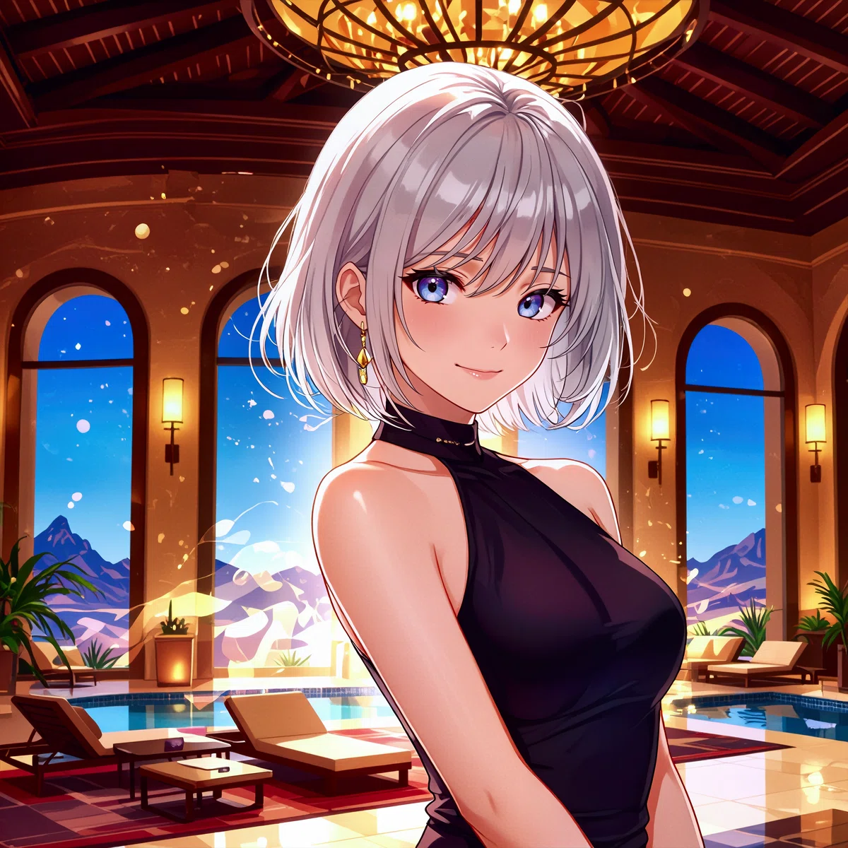 銀髪のアニメ風女性が、山々の夜景が見えるドーム天井の豪華室内プールに立つイラスト。ライセンスの将来的な変更という不確実なテーマを表現している。