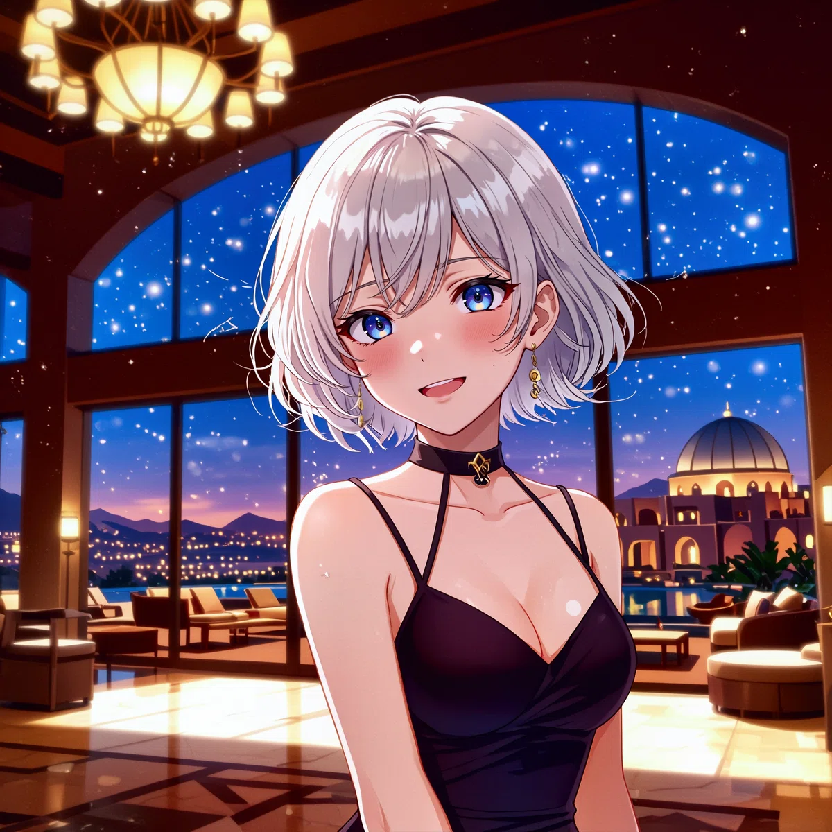 銀髪のアニメ風女性が夕暮れのプールサイドに立つイラスト、カラフルドレスと建築背景