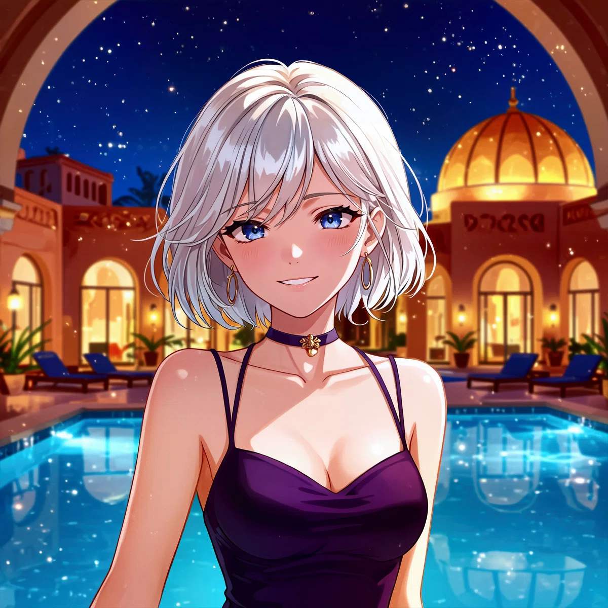 銀髪のアニメ風女性が朝のプールサイドに立つイラスト、豪華建築とプールが背景