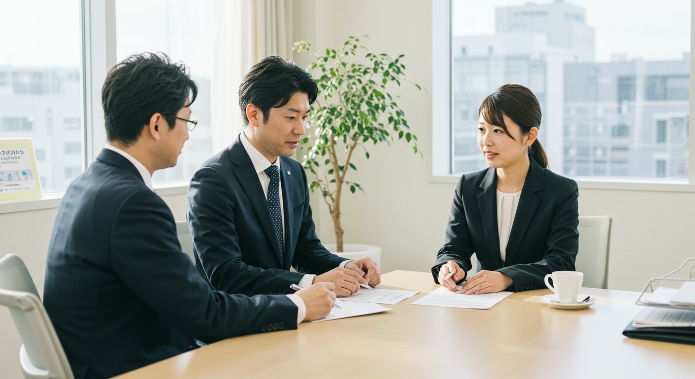 介護施設の採用担当者と人材紹介会社の打ち合わせシーン